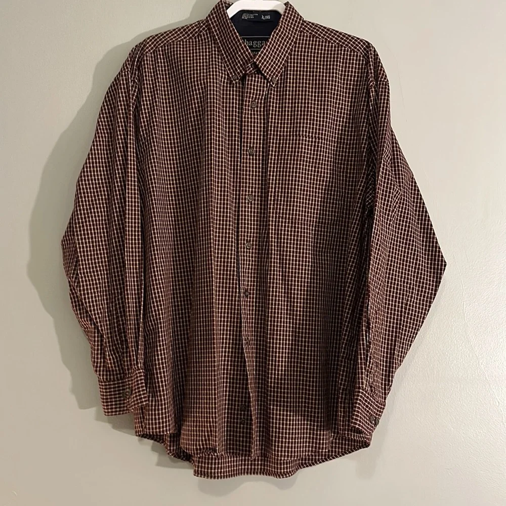 VGUC burgundy, cream, black plaid Haggar button down shirt size XL - Picture 1 of 6